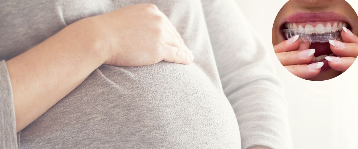 A pregnant person in a grey shirt holds their belly. In the corner, an inset shows hands placing a clear dental aligner on teeth, with an overlay highlighting the precision possible with an Ipswich dentist's CT scanner.