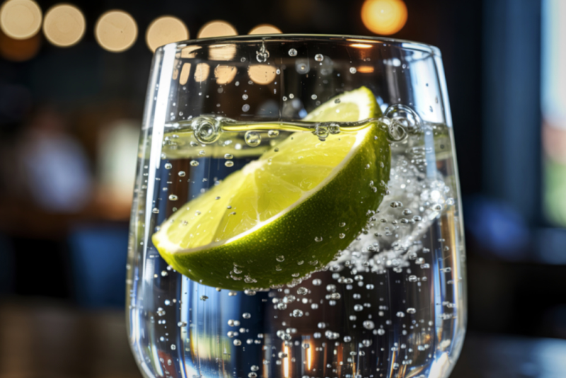 A close-up of a glass of sparkling water with a lime wedge inside, bubbles rising around the lime. Warm, blurred lights glow in the background, creating a refreshing atmosphere perfect for drinking—ideal even for those wearing Invisalign.