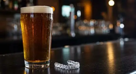 A pint of beer sits on a dark bar counter next to a clear Invisalign dental aligner, with a blurred background of bar lights and glassware—a subtle nod to the eating and drinking rules that come with wearing aligners.